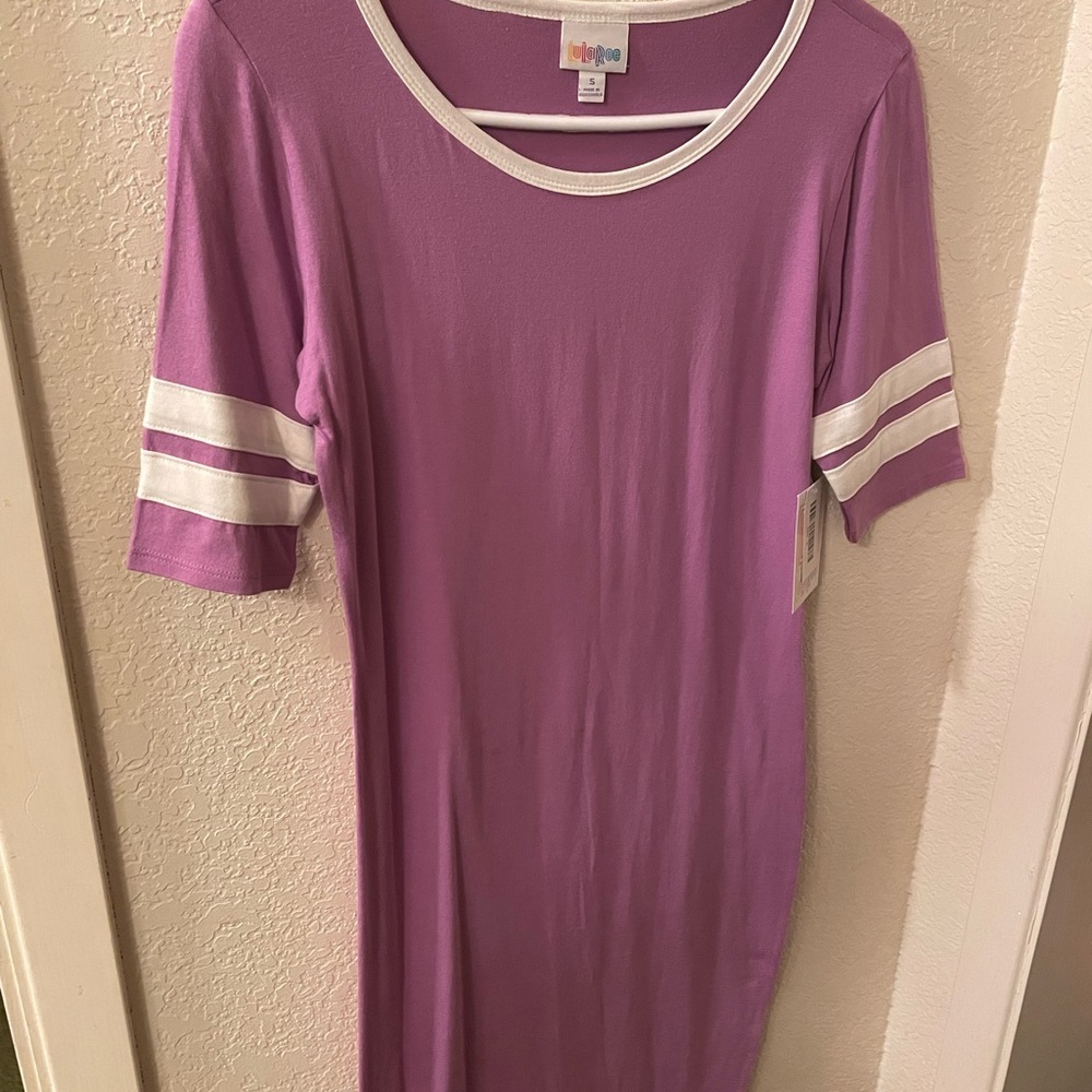 **NWT** size small LuLaRoe Julia dress, purple w/white accents